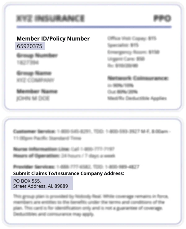 Example insurance card showing where the member ID/policy number and the Insurance companies address can be found.
