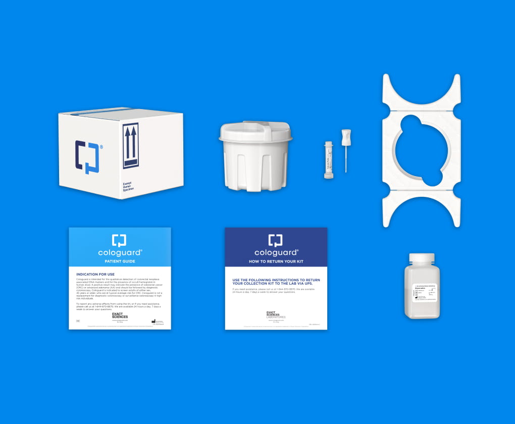 La caja del kit de Cologuard, el recipiente para la muestra, el tubo, el soporte, las instrucciones de guías y el frasco con líquido conservante.
